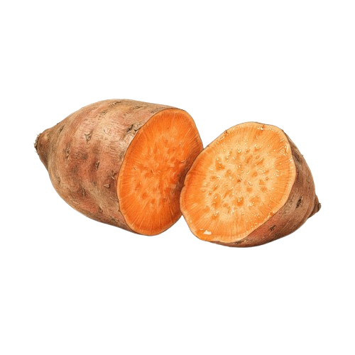 Two halves of a fresh sweet potato with brown skin and orange flesh displayed against a black background