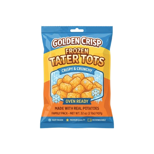 Bag of frozen tater tots labeled crispy and crunchy, ready for oven baking, showing potato pieces inside.