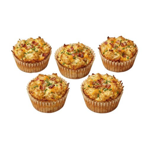 Five golden savory muffins with cheese and herbs in paper liners against a black background