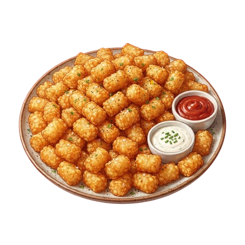 A plate of golden fried tenders with ketchup and white dipping sauce with green herbs