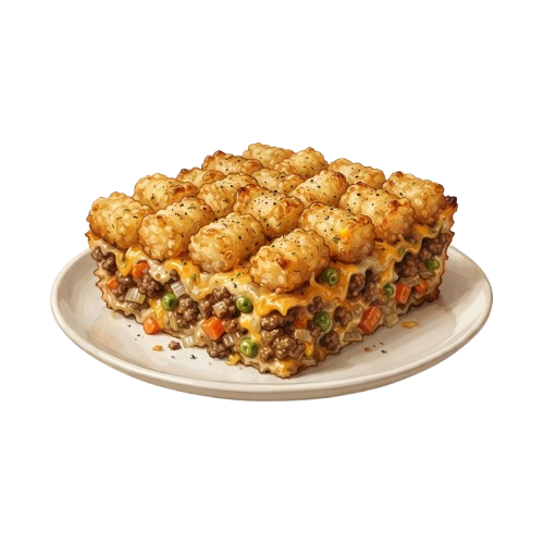A plate of cheesy tater tot casserole topped with golden brown tater tots and mixed vegetables.