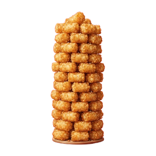 A tall stack of golden fried chicken bites arranged in a pyramid shape on a plate