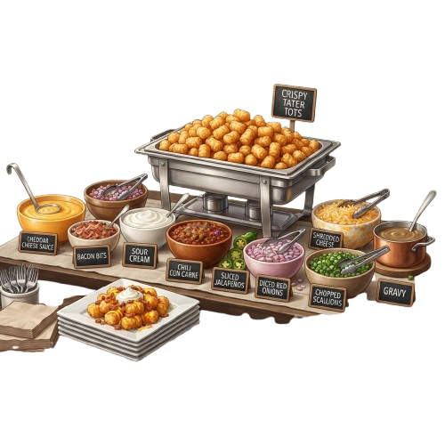 A buffet setup featuring a chafing dish with crispy tater tots and various side dishes in bowls.