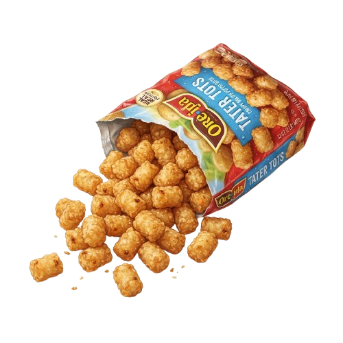 Open bag of golden fried tater tots with some pieces spilled out onto a black background