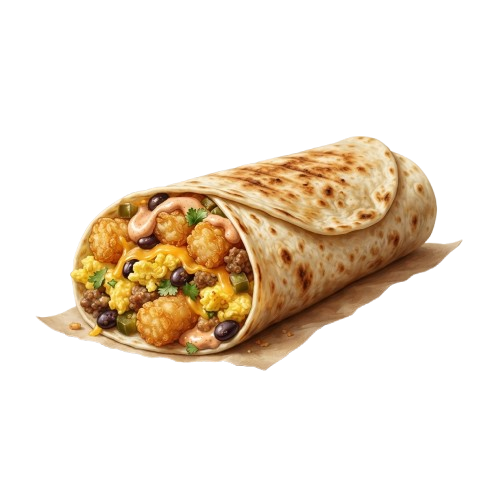 A wrapped burrito filled with scrambled eggs, tater tots, black beans, and other ingredients on a white paper.