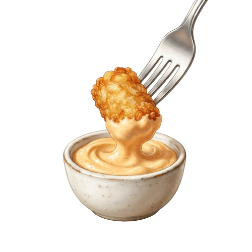 A golden fried chicken piece lifted by a fork above a bowl of creamy sauce