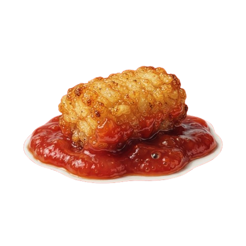 A golden fried chicken drumstick topped with a pool of red spicy sauce on a white plate against a black background