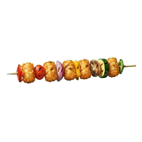 Skewer with breaded chicken pieces and colorful vegetables including tomato, onion, bell pepper, and mushroom