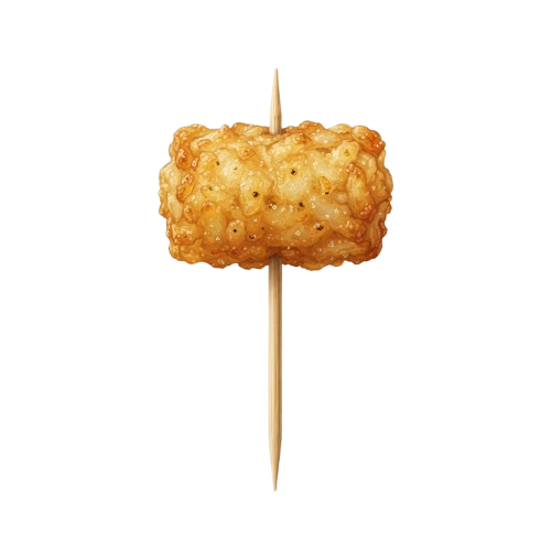 A skewer with golden fried food on a black background