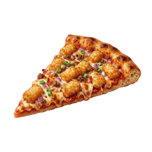 A single slice of pizza topped with chicken, cheese, green peppers, and onions on a black background