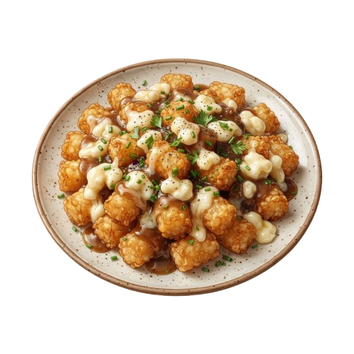 A plate of golden fried tater tots topped with creamy cheese sauce and sprinkled with chopped parsley