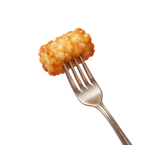 A single golden fried chicken piece resting on a stainless steel fork against a black background