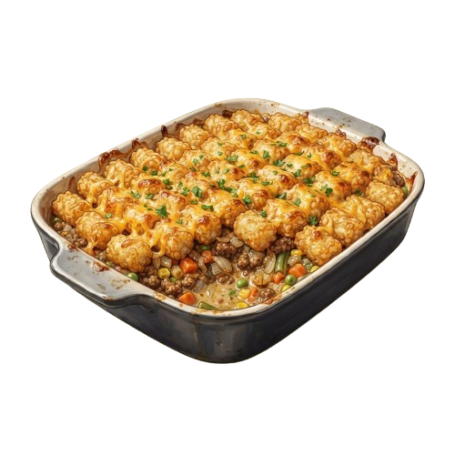 A baked shepherds pie in a rectangular dish with golden mashed potato topping and visible vegetables underneath