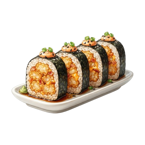 Four pieces of sushi rolls with seaweed, rice, and toppings on a white rectangular plate