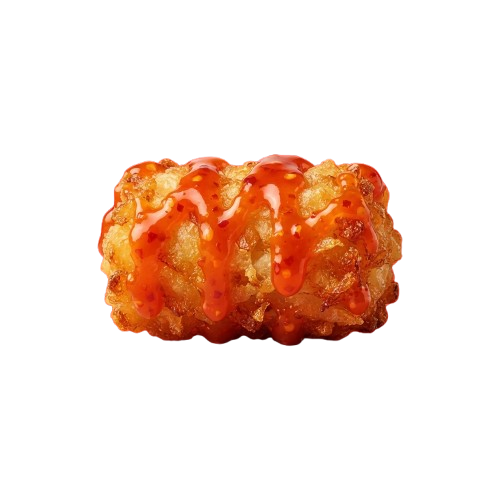 A close-up image of a piece of golden caramel candy covered in a glossy orange glaze