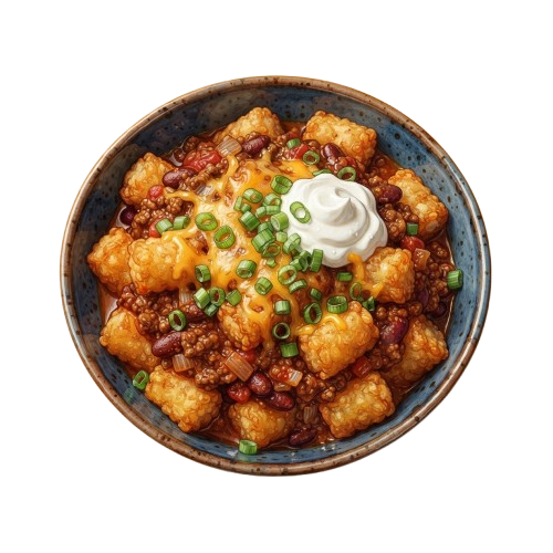 A plate of golden tater tots covered in spicy chili sauce topped with sour cream and chopped green onions
