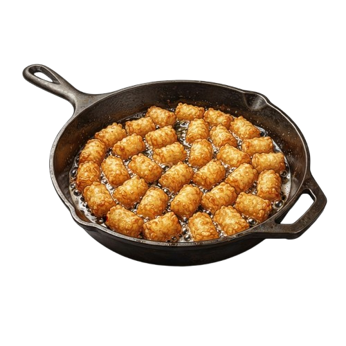 A cast iron skillet filled with golden fried tater tots cooking in oil