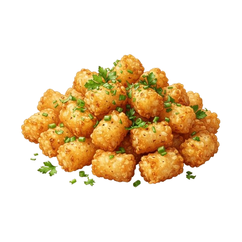 A pile of golden-brown fried tenders topped with green parsley pieces on a dark background