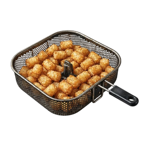 A metal deep fryer basket filled with golden brown fried tater tots