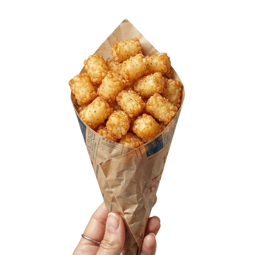 Hand holding a cone filled with golden fried tater tots