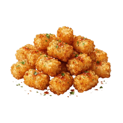 A pile of golden-brown, crispy fried chicken bites with seasoning sprinkled on top and around them