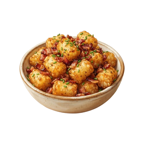 A bowl of golden tater tots topped with chopped bacon bits and green herbs on a black background