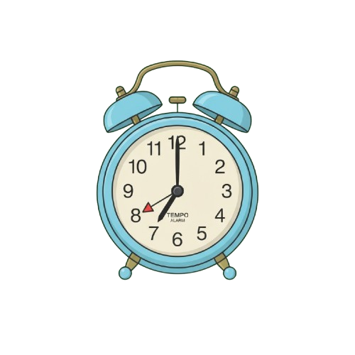 Blue vintage alarm clock showing time 7:58 with alarm set to 8:00