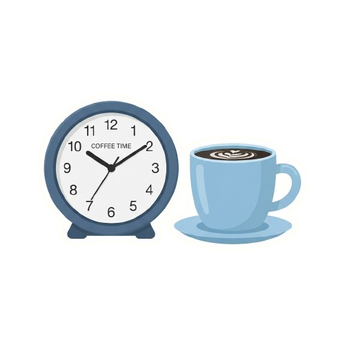 Blue alarm clock displaying 10:09 with a matching coffee cup and saucer next to it