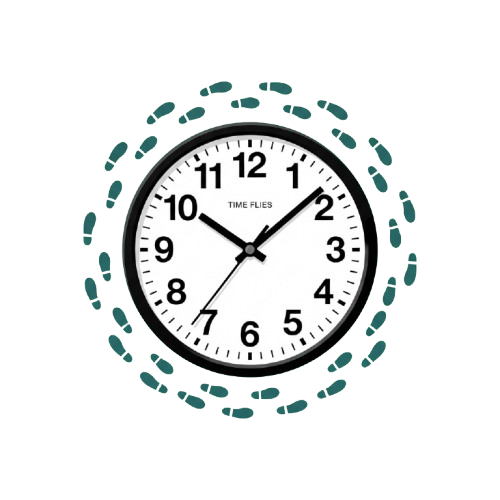 Analog clock with white face and black numbers, surrounded by a repeating teal leaf pattern on black background