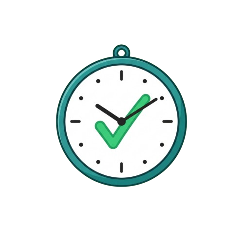 Clock face with green checkmark symbol and black hands indicating time.
