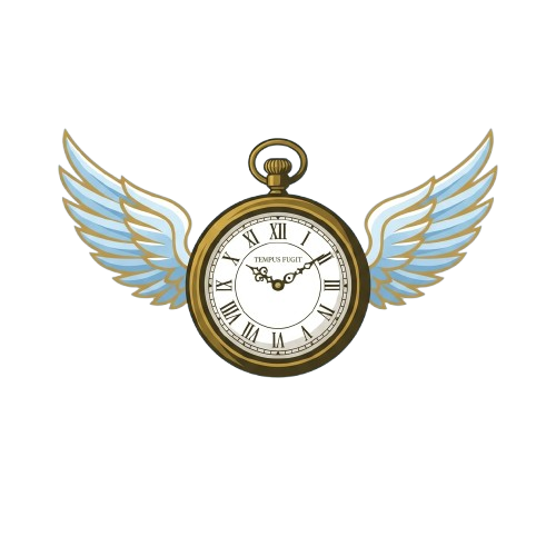 A pocket watch with wings resembling an angel or bird, set against a black background.