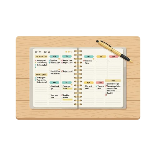 Open weekly planner with dates, color-coded sticky notes, and a pen on a wooden surface