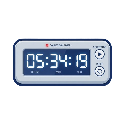 A digital countdown timer showing 05:34:19 with start, stop, and reset buttons