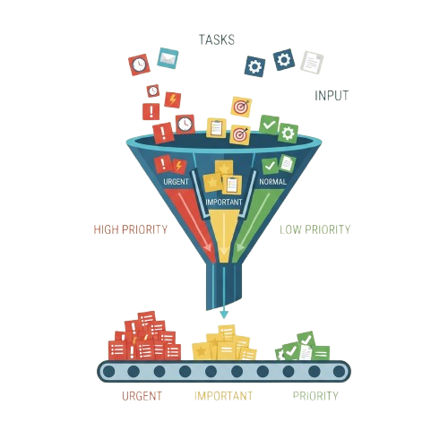 Funnel diagram showing tasks sorted by urgency, importance, and priority levels with icons representing different task types