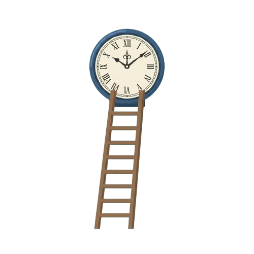 A wall clock with a blue face and Roman numerals, mounted on a wooden ladder structure.