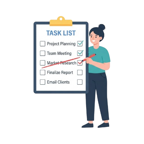 Illustration of a person pointing to a completed market research task on a clipboard checklist