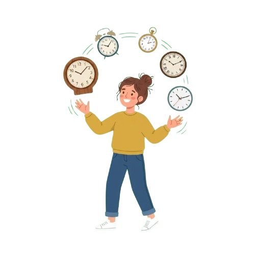 A person juggling five different analog clocks in mid-air, depicted in a stylized illustration.