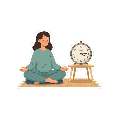 A woman sitting in a meditative pose with hands resting on knees, next to a paused analog stopwatch on a small wooden stand.