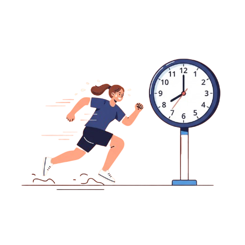 A woman running towards a large clock with the time showing 10:10, emphasizing speed and time management.
