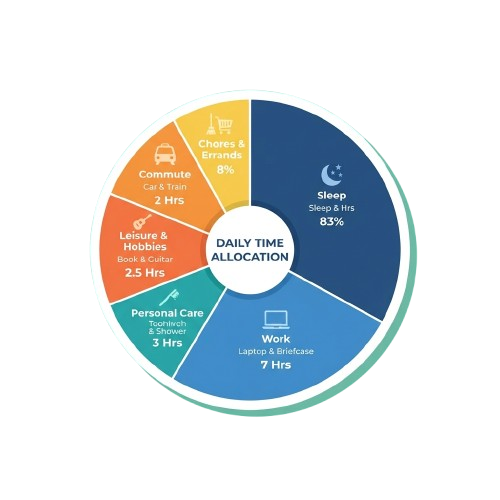 Pie chart showing daily time allocation with categories like sleep, work, personal care, leisure, commute, and chores