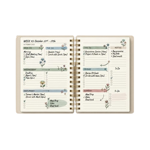 Open weekly planner showing October dates with tasks, notes, and floral illustrations