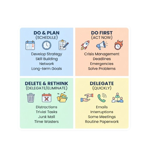 A productivity matrix showing four categories: Do and Plan, Do First, Delete and Rethink, and Delegate with icons and task examples