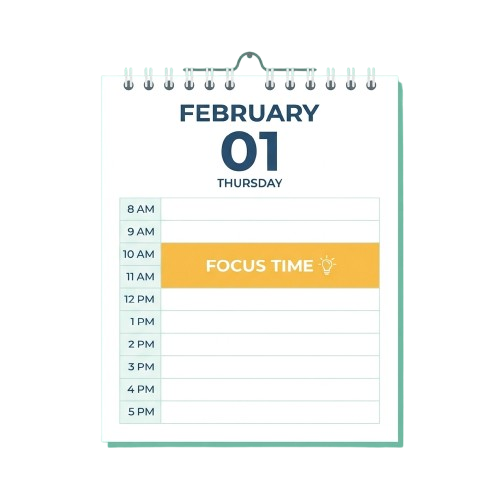 Calendar page for February 1 showing focus time slot from 10 AM to 11 AM highlighted in orange with a lightbulb icon