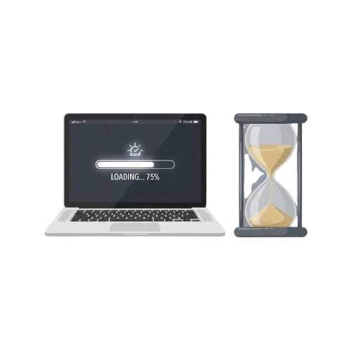 Laptop displaying loading screen with progress bar and hourglass timer beside it