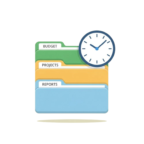 A stack of folders labeled Budget, Projects, and Reports with a clock icon on top representing time management