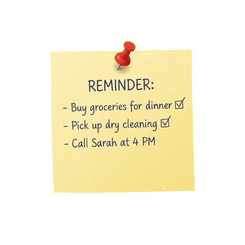 Yellow sticky note with three reminder tasks, two checked off, pinned on a black background