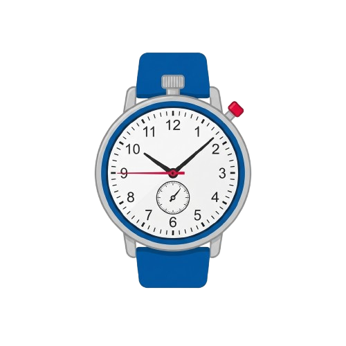 Blue and silver analog wristwatch with black face, blue accents, and a small subdial at 6 o'clock
