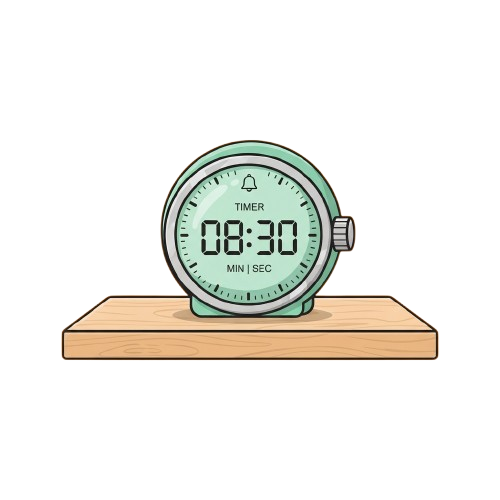Digital stopwatch on a wooden surface showing 08 minutes and 30 seconds remaining