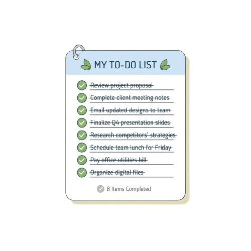A checklist showing eight completed to-do list items with green checkmarks.