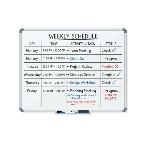 Dry erase board displaying a weekly schedule with days, times, activities, and status markers
